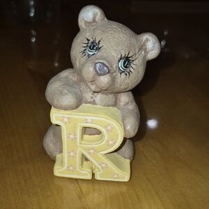 Vintage Ceramic Bear Figurine with Yellow Letter R